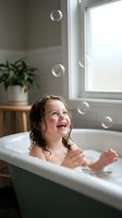 Happy young girl with curly hair laughing while playing with soap bubbles in bathtub. Joyful bath time moment in modern bathroom with natural light.