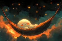Glowing moon character sleeping peacefully in hammock among orange clouds and golden stars against dark night sky, creating magical celestial atmosphere.