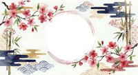 Japanese spring frame with cherry blossoms, bamboo and traditional elements on white background. Asian floral border design for greeting cards.