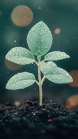 Fresh green seedling with water drops growing from dark soil against blurred teal background with bokeh lights, symbolizing growth and new beginnings.
