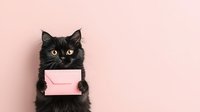 Black cat holding pink envelope against pastel pink background, concept for message delivery, pet communication, or animal mail carrier.