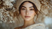 Young woman in beige knit beanie and cozy sweater with natural makeup against blurred spring blossom background, soft warm tones and dreamy atmosphere.