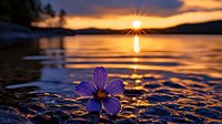 Delicate purple flower floating on rippling water surface at sunset, with dramatic orange sky and sun rays reflecting across lake, creating serene natural atmosphere.