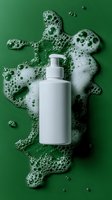 White pump bottle with soap foam and bubbles on green background for skincare, cosmetics and hygiene product marketing.