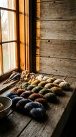 Colorful yarn skeins arranged on rustic wooden floor near window with warm sunlight streaming through creating cozy crafting atmosphere for knitting projects.