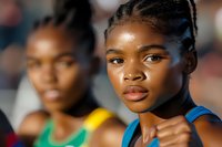 Young African American female athlete in blue sports top with braided hairstyle, focused expression during competition or training, natural sunlight highlighting facial features.