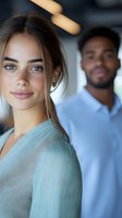 Young Caucasian woman with freckles in mint green top smiling at camera with African American man in blue shirt blurred in background at modern office.