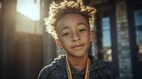 Young African American boy with curly hair wearing dark hoodie indoors with warm sunlight streaming through windows creating atmospheric lighting effect.