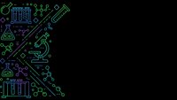 Science laboratory equipment and chemistry icons in neon gradient colors on black background with copy space for educational and research design projects.