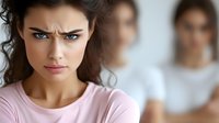 Young woman with intense angry expression wearing pink t-shirt against blurred background. Strong emotional portrait showing frustration, conflict and disapproval.