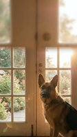 German Shepherd dog sitting by wooden double doors with glass panes, looking out at garden with flowering plants and trees during golden hour sunlight, indoor pet portrait.