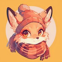 Cute fox character wearing winter knit hat and striped scarf in warm orange tones, cartoon style illustration with soft shading and expressive eyes on orange background.