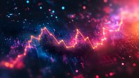 Glowing pink and blue financial chart line on dark background with particles and bokeh effects creates dynamic market visualization for business presentations.