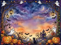 Spooky night sky with glowing jack-o'-lanterns, floating ghosts, haunted castle, bare trees, flying bats, crescent moon, and ornate lanterns creating a festive atmosphere for seasonal designs.