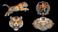 Fierce tiger clipart set with Chinese zodiac elements, isolated on transparent background. Includes jumping tiger, roaring face, ornate badge, and decorative frame for t-shirt design, stickers, print on demand.