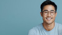 Young Asian male professional with glasses and bright smile wearing grey t-shirt against blue background, expressing confidence and friendliness in studio portrait.