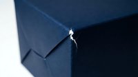 Dark blue cardboard box with torn corner showing wear and damage on white background isolated for packaging design and shipping concepts.