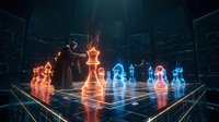 Futuristic chess game with glowing holographic pieces on digital board in dark cyberpunk environment for gaming and technology concepts.