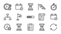 Business productivity and time management line icons set featuring clocks, calendars, hourglasses, checklists and organizational tools for workflow optimization.