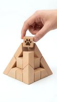 Hand placing wooden block with paw print on pyramid structure for pet business hierarchy and animal care organization concepts.