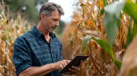 Mature Caucasian male farmer in plaid shirt using digital tablet while inspecting corn crop in agricultural field during harvest season. Modern farming technology.