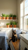 Tortoiseshell cat sitting on a wooden bench in a sunny farmhouse kitchen nook with herb pots and blue gingham decor.