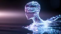 Digital human head profile with glowing blue particles and data streams representing artificial intelligence and futuristic technology concepts.