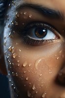Close-up of brown eye with water drops on skin, dark eyelashes and eyebrow visible through glass with condensation, dramatic lighting creates depth and emotion.