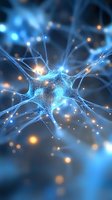 Glowing neuron cell with synaptic connections in blue and orange lights against dark background, depicting neural network activity and brain function.