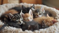 Adorable kittens sleeping together in cozy plush bed, mixed group of tabby and ginger cats cuddling in soft white blanket, showing peaceful napping behavior.