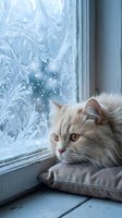 Fluffy white cat with amber eyes gazes out frosted winter window with intricate ice patterns and magical snowflakes, sitting on cushion by windowsill during cold season.