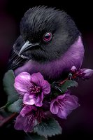 Mystical black bird with bright pink eye perched among delicate purple cherry blossoms against dark background, creating dramatic nature composition.