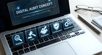 Digital audit concept on laptop screen with compliance icons including analysis, law, security and reporting symbols for financial technology solutions.
