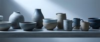 Collection of handmade ceramic vessels and pottery bowls arranged on shelf, featuring various neutral tones and rustic textures for home decor and interior design.