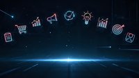 Digital marketing icons floating above futuristic grid surface with glowing neon outlines on dark blue background for business presentations.
