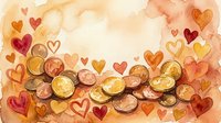 Golden coins scattered among watercolor hearts in warm autumn tones creating romantic wealth and prosperity concept for Valentine's Day or anniversary celebrations.