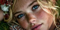 Young blonde woman with freckles and blue eyes surrounded by flowers in natural outdoor portrait with soft lighting and bohemian style accessories.