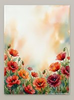 Watercolor poppy field border with red and orange blooms, soft pastel background with copy space for greeting cards and invitations.