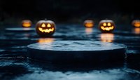 Dark wooden platform with glowing jack-o-lanterns in misty background for Halloween product display and seasonal marketing campaigns.