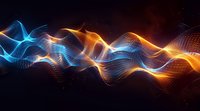 Abstract digital wave pattern with glowing orange and blue light particles flowing on dark background, dynamic motion effect for technology designs.