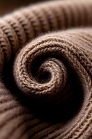 Rolled woolen knitted fabric in beige color forming spiral pattern, macro photography with soft focus and shallow depth of field showing detailed texture.