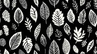 White botanical leaves pattern on black background, featuring various hand-drawn leaf shapes with detailed textures and organic designs.