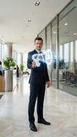 Confident Caucasian businessman in dark suit holding glowing holographic megaphone in modern office lobby, symbolizing digital marketing and communication.