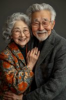 Happy senior Asian couple embracing and smiling. Elderly woman in floral sweater and man in grey jacket wearing glasses, showing authentic joy and connection.