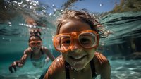 Young girl wearing orange diving mask smiling underwater with bubbles, turquoise water background, joyful summer swimming moment captured from split perspective.