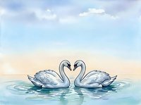 Pair of swans forming heart shape with necks on calm water at sunrise, romantic scene for wedding and love-themed designs.