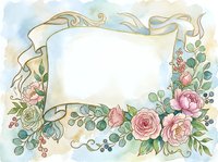 Watercolor floral frame with pink roses, eucalyptus, and ribbon banner, soft pastel tones, blank space for text, wedding or greeting card design.