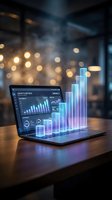 Laptop displaying holographic business analytics charts and graphs with glowing data visualization in modern office environment for financial reporting.