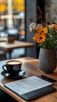 Cappuccino with latte art served in black cup on wooden table beside fresh orange gerbera daisies in gray vase and documents, ideal for cafe, restaurant, and business workspace marketing.