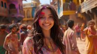 Young South Asian woman with red powder on face smiling during Holi festival celebration in colorful street with crowd in traditional attire.